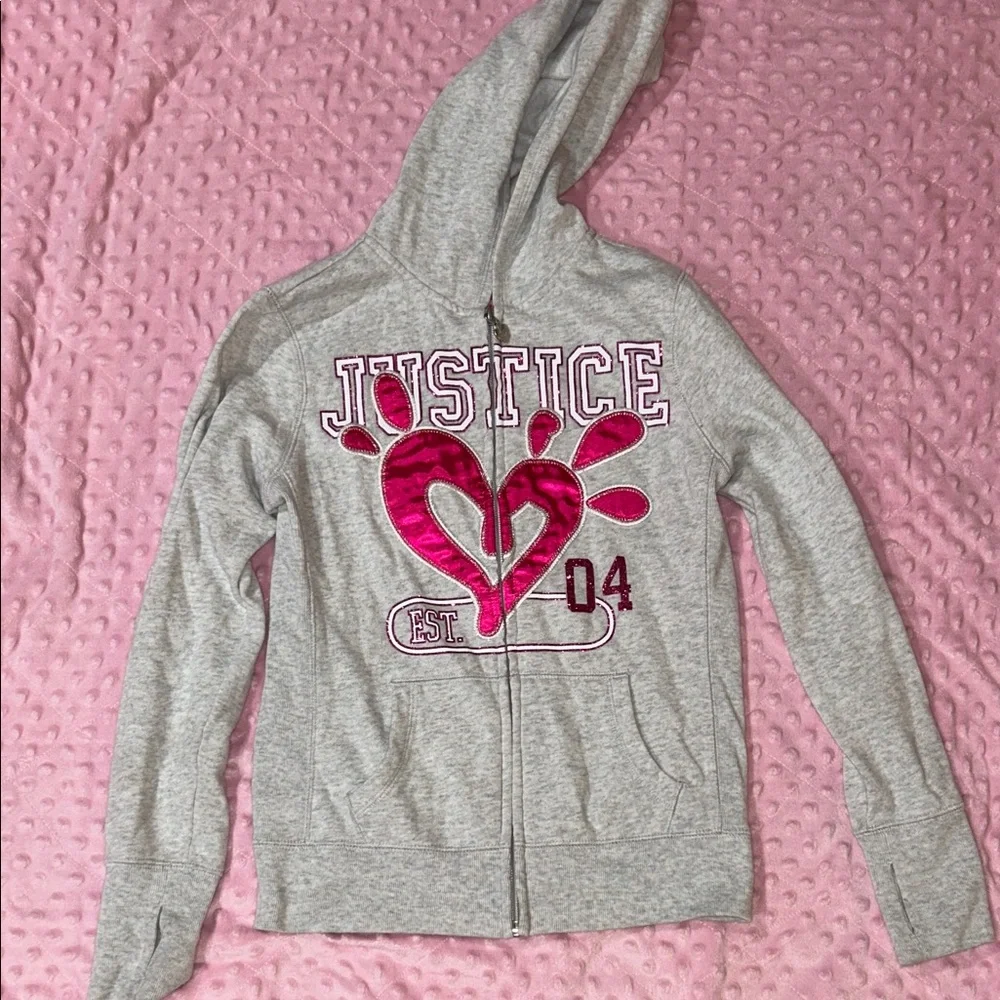 Justice Gray Zip-Up with Pink Heart Graphic